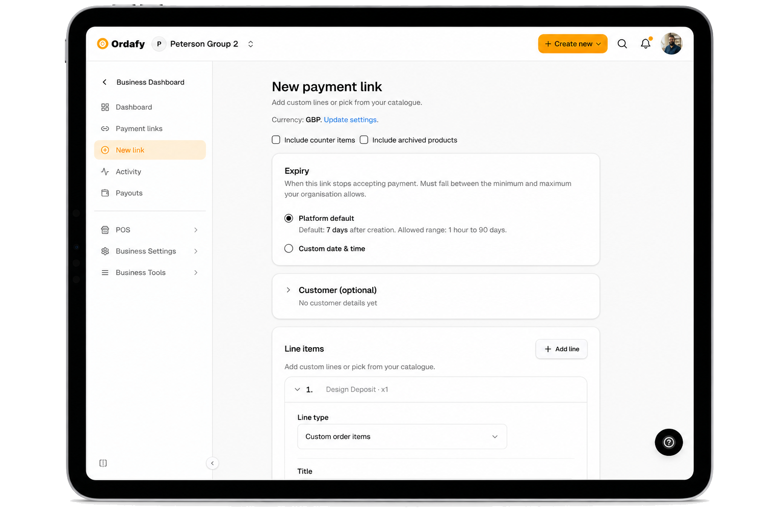 Ordafy new payment link form on iPad