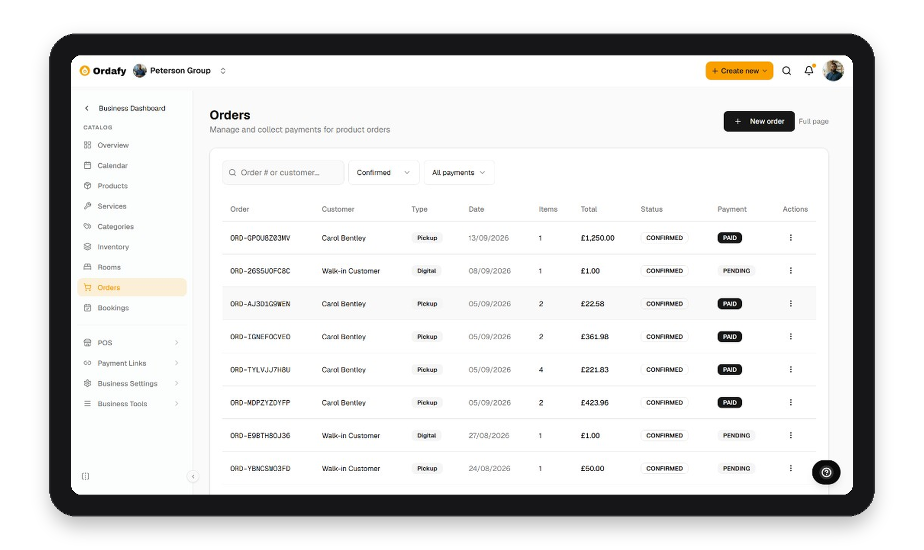 Ordafy Business orders on tablet