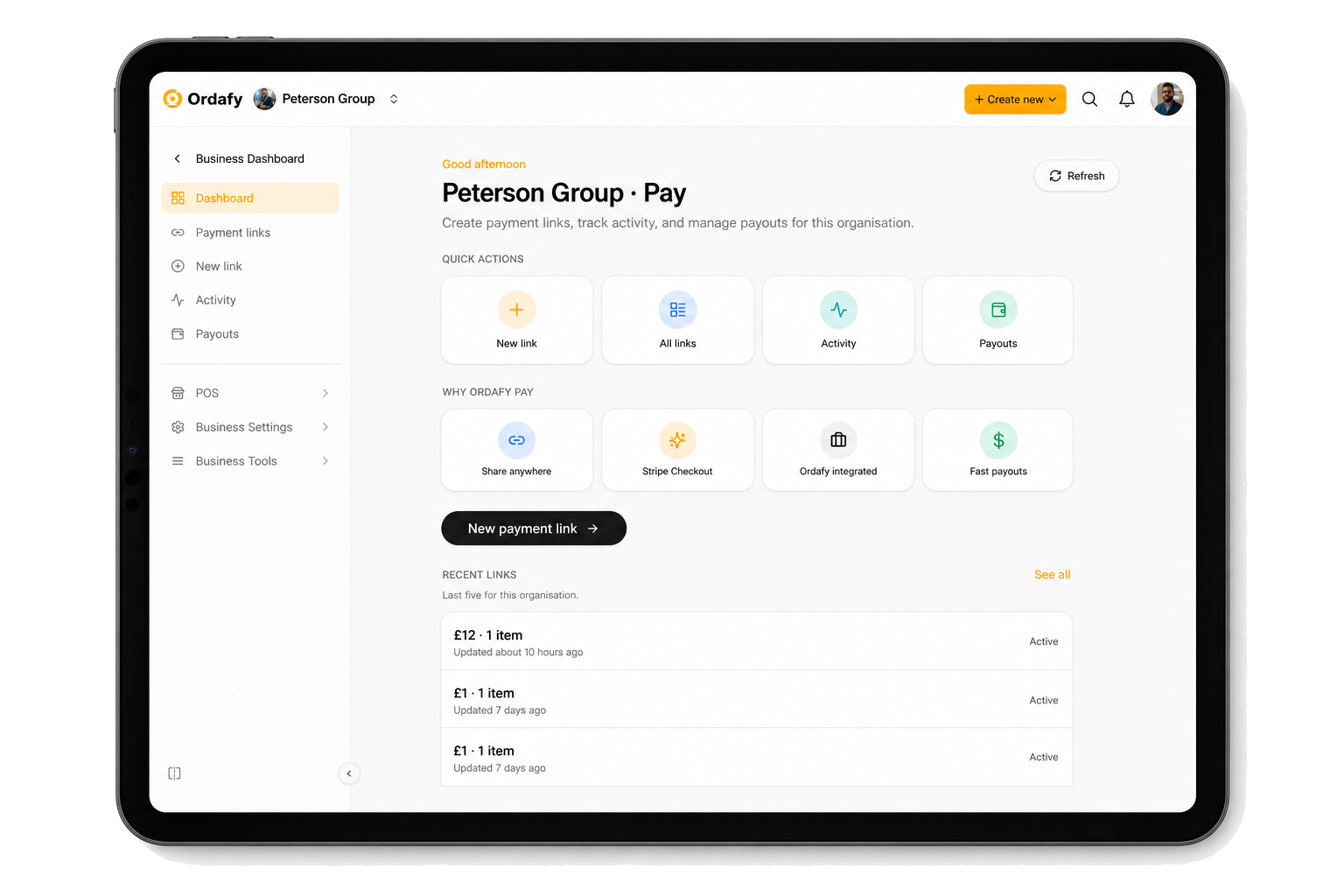 Ordafy Pay dashboard on iPad