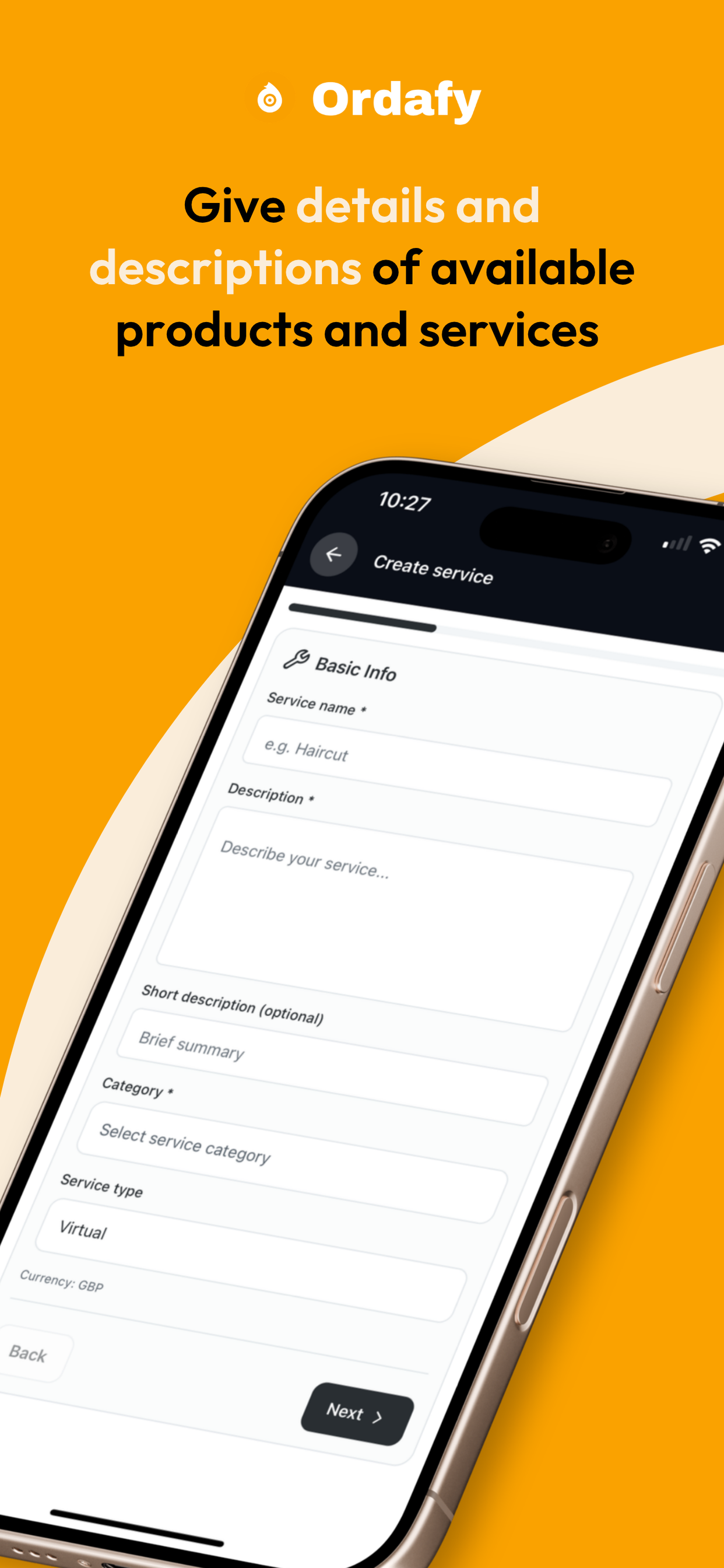 Create services in the Ordafy app