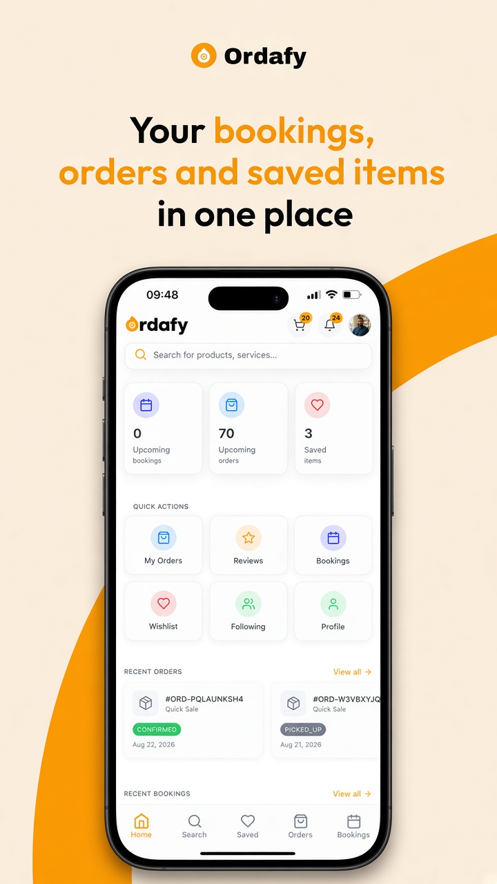 Ordafy home dashboard